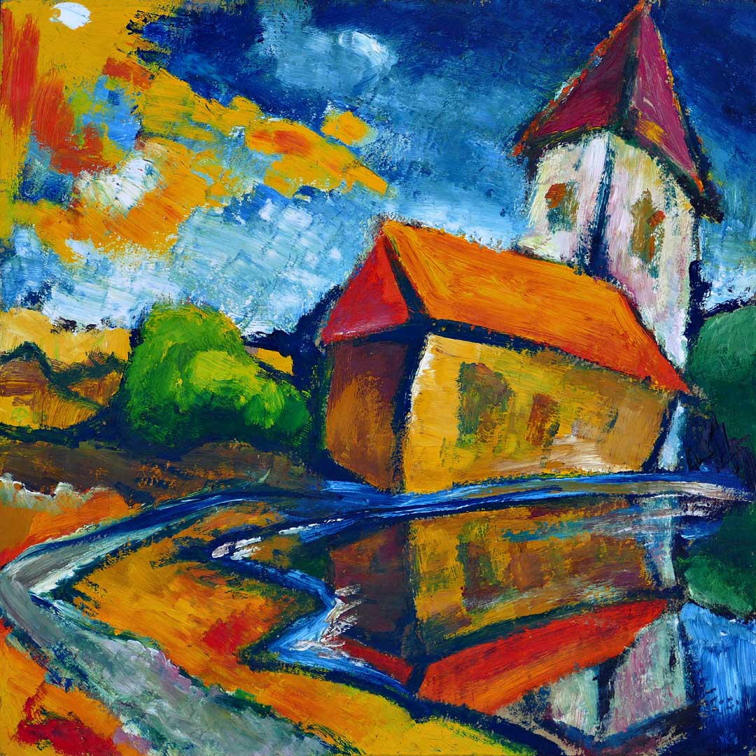 Gemälde: Haus und Turm am See - Ölgemälde von TM Rotschönberg